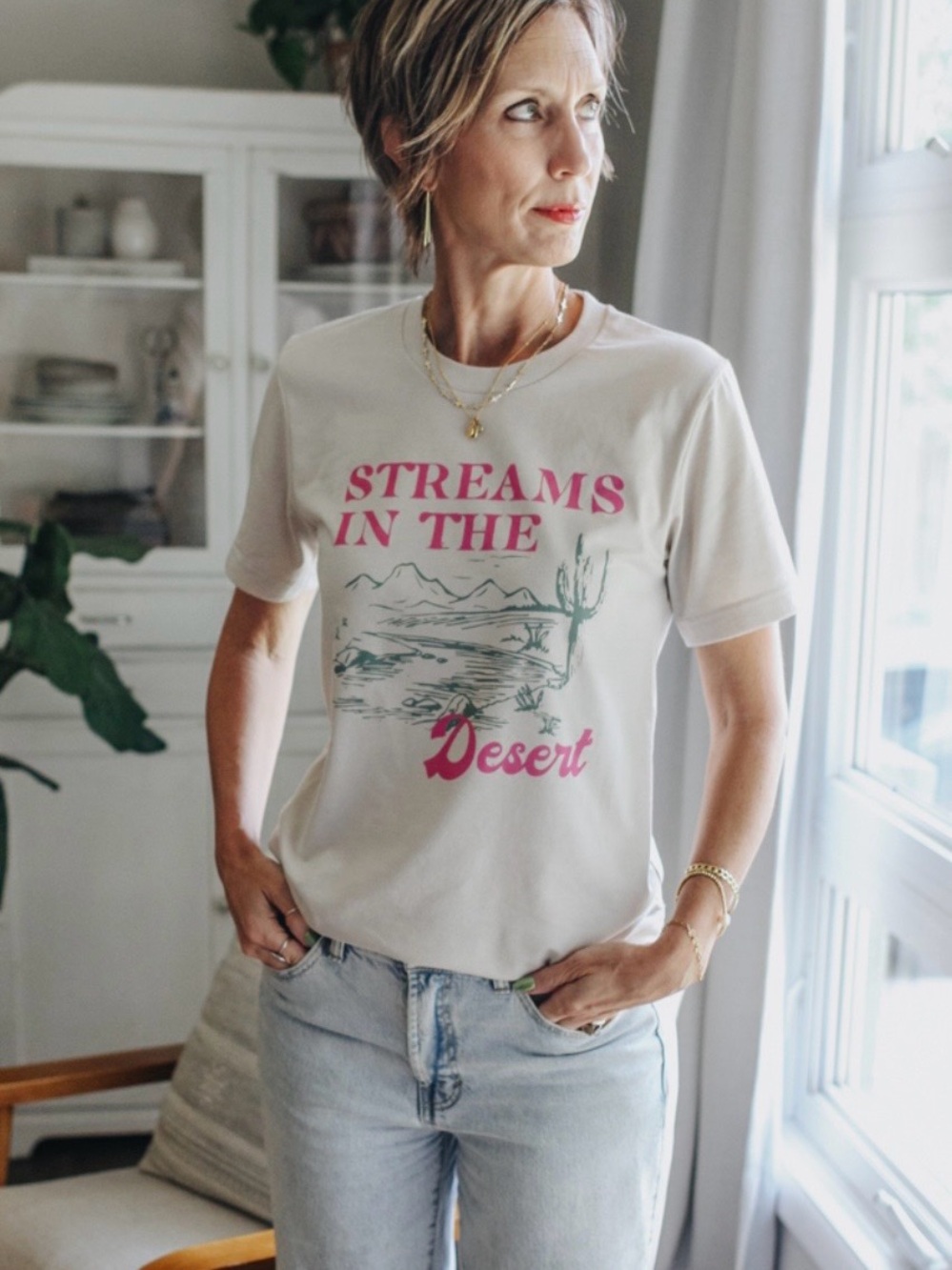 Crown Cream Tee with Pink Typography & Teal Desert Graphic